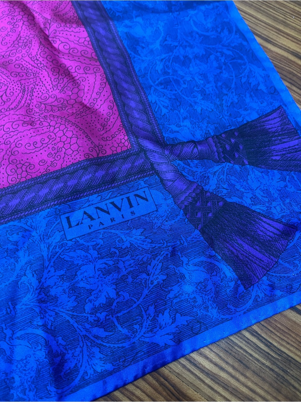 VTG Lanvin Paris 100% Silk Scarf Paisley Tassel Blue Magenta Purple 30” Italy - Picture 2 of 11